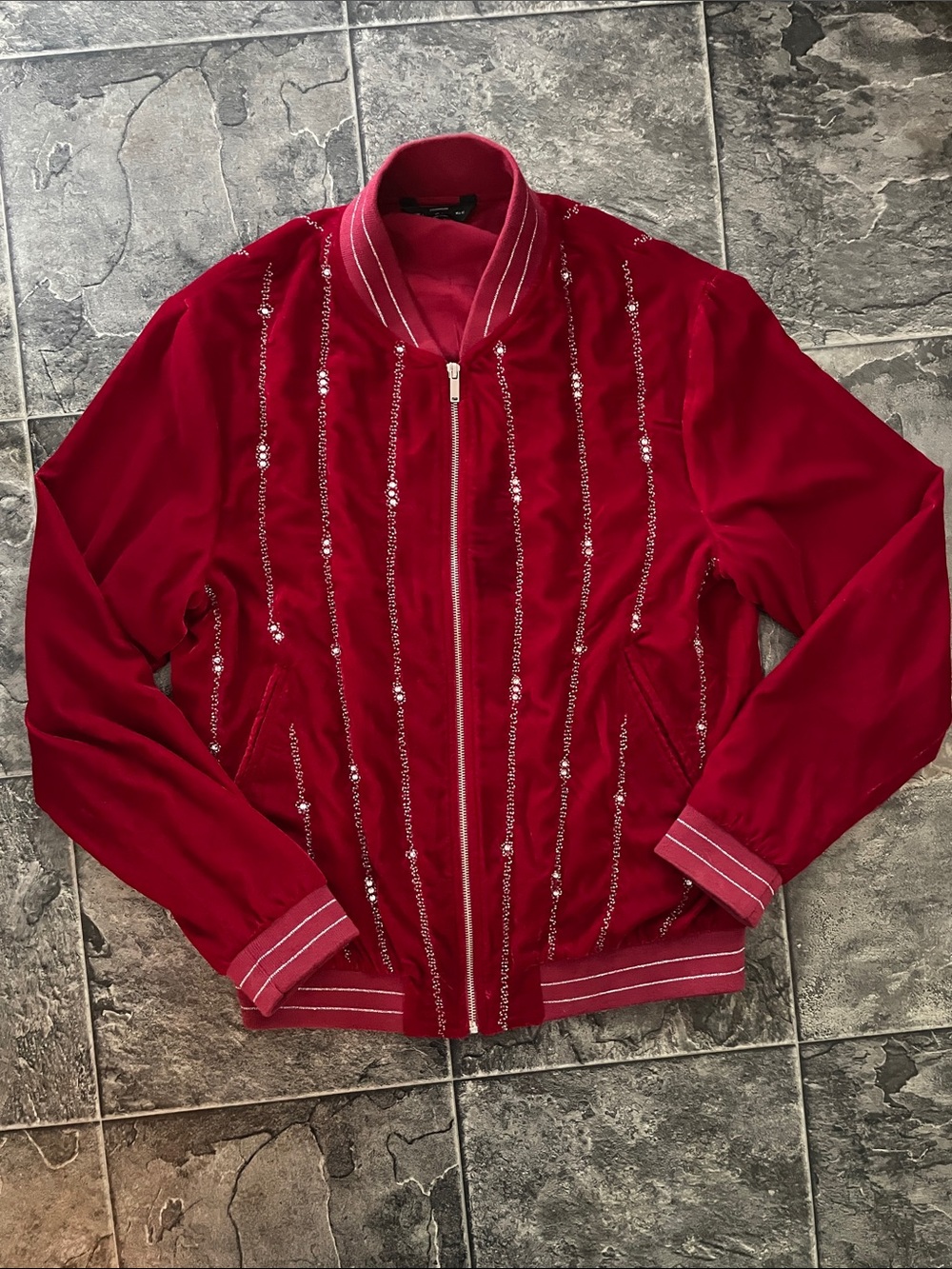 ZARA MAN Embellished Rhinestone Embroidered Deep Red Urban Velvet Bomber Jacket